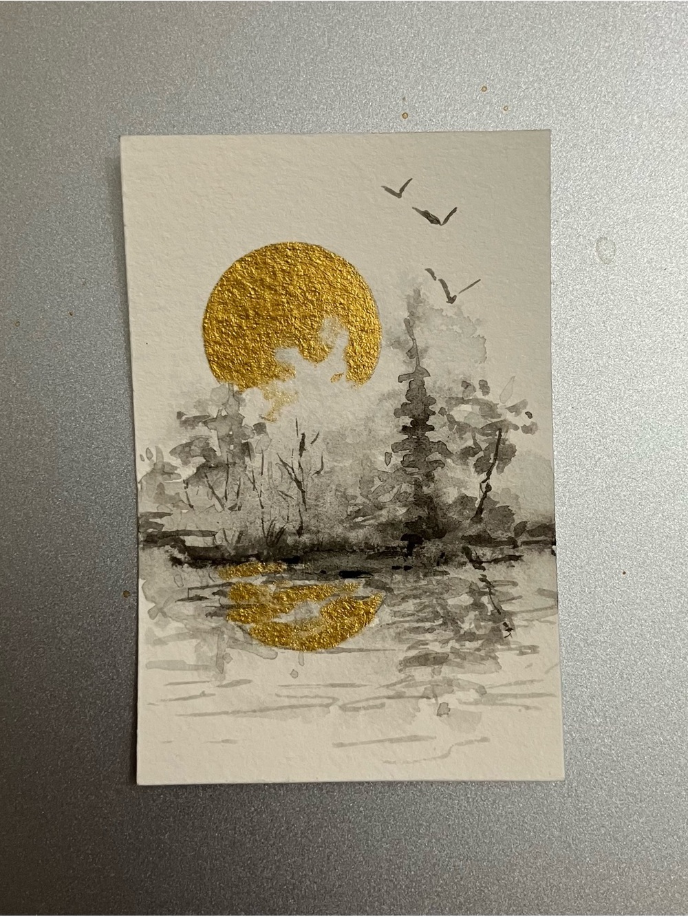 Original sunset landscape miniature realism painting sumi-e style art USA